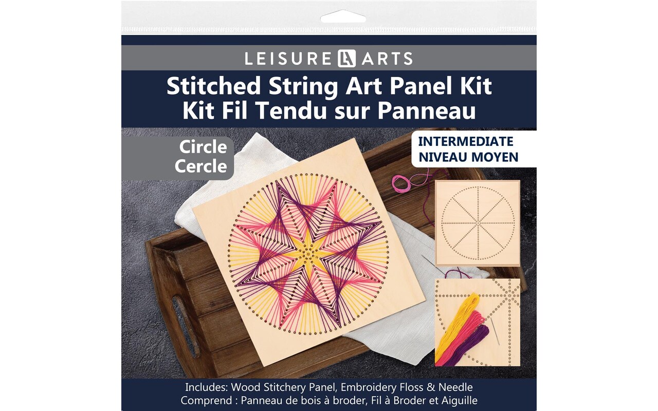 Wood Stitched String Art Kit with Circle, wooden stitchery kits for craft embroidery, perfect for intermediate skill level, completed size is 9.75" x 9.75"